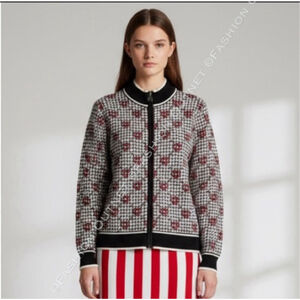 Anne Klein Jacquard chain detail houndstooth full-zip grandpa cardigan Sz XL